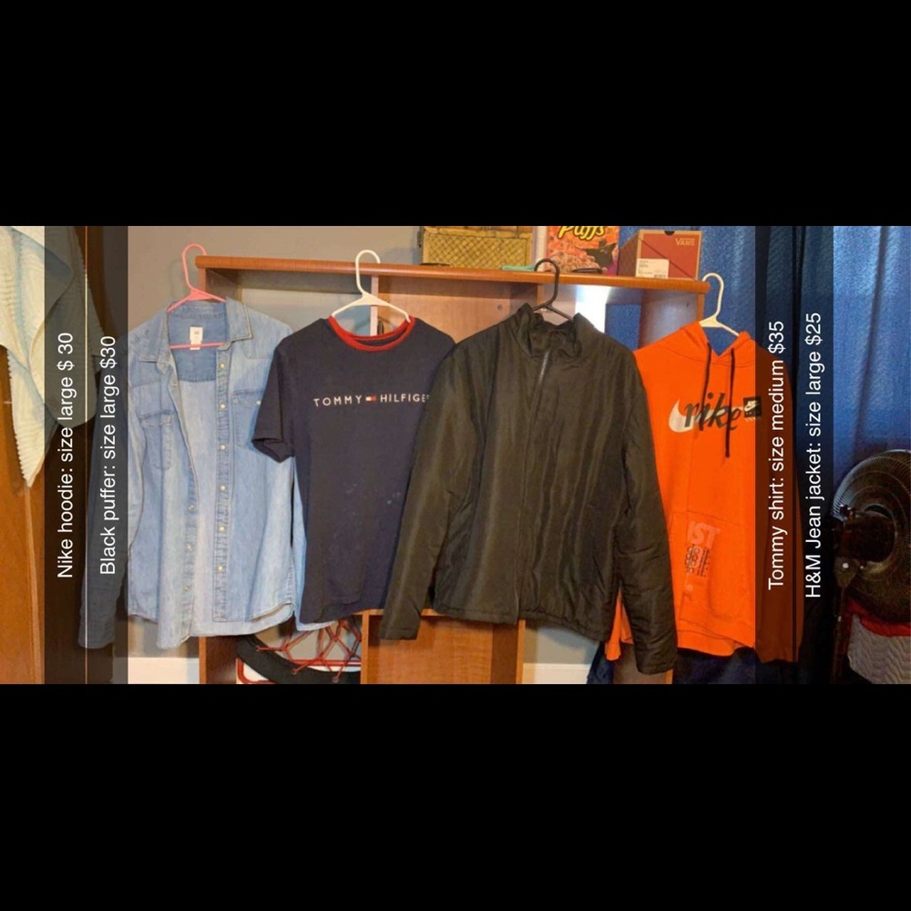 A Tommy shirt,a puffer,a Nike hoodie,a jean jacket